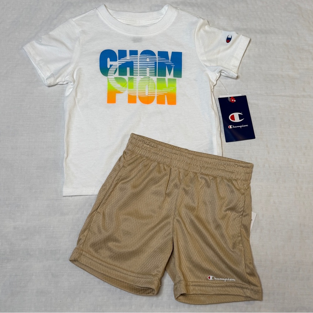 Champion Toddler White Logo T-Shirt with Gold Yellow Mesh Shorts Set Size 2T NWT